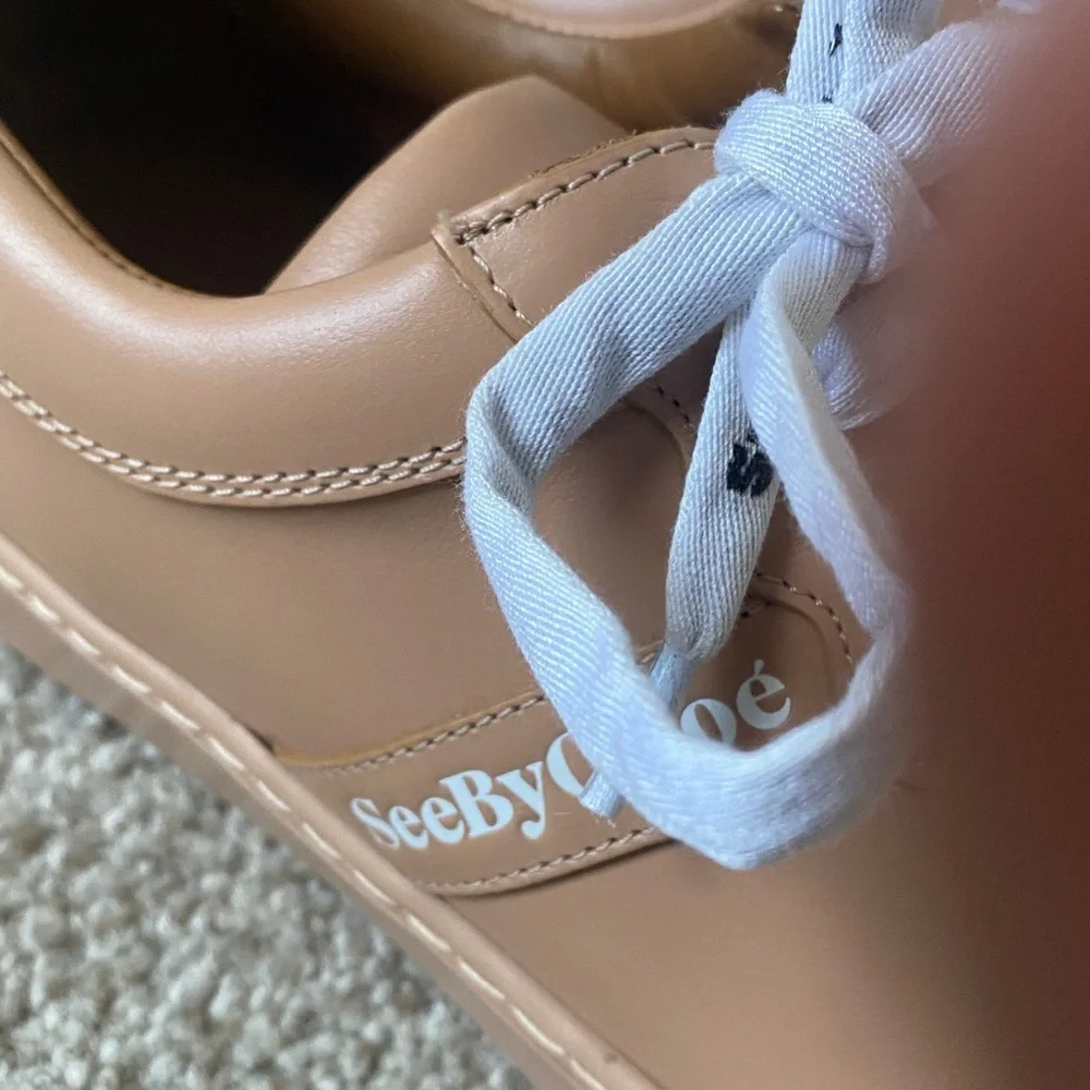 Like new! See By Chloe Essie Leather Tan Sneakers with White Laces